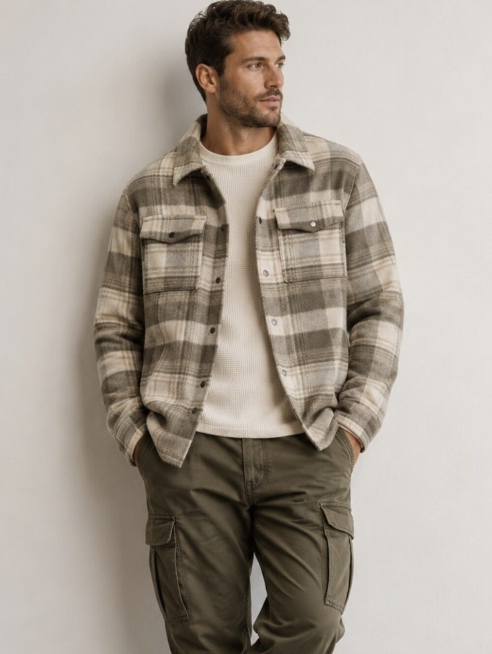 VRST Plaid Flannel Jacket Shacket Tan/Cream Wool Blend Button Up Men's Size M